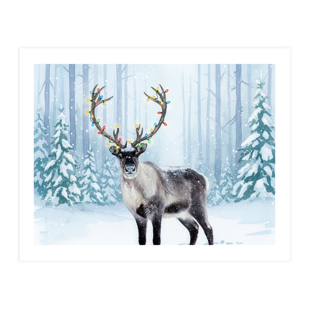 Reindeer with Christmas Lights, Deer Magical Winter Art  (Print Only)