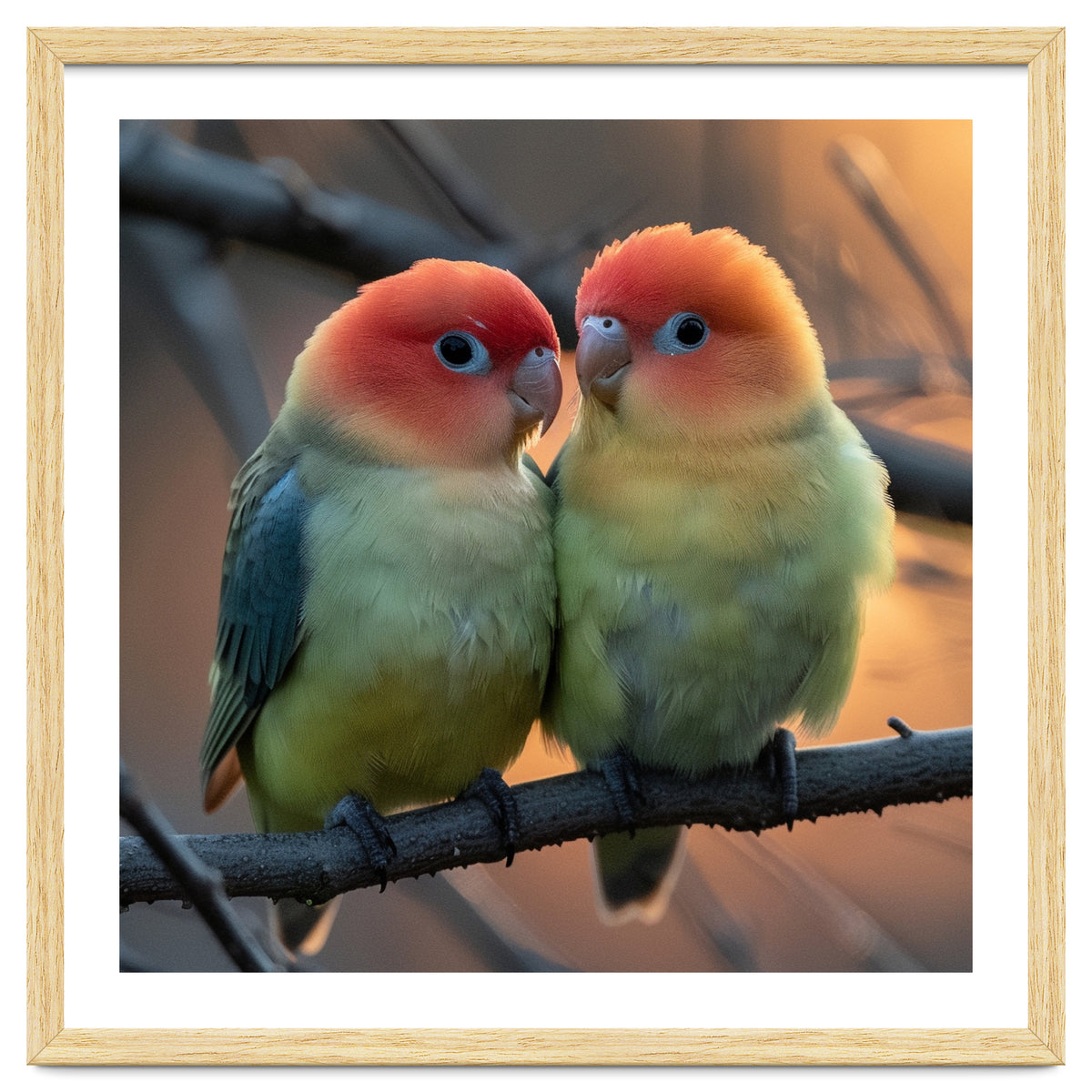 Two Lovebirds Perched On A Branch At Sunset