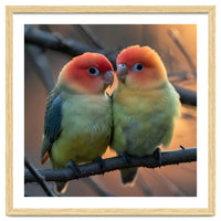Two Lovebirds Perched On A Branch At Sunset