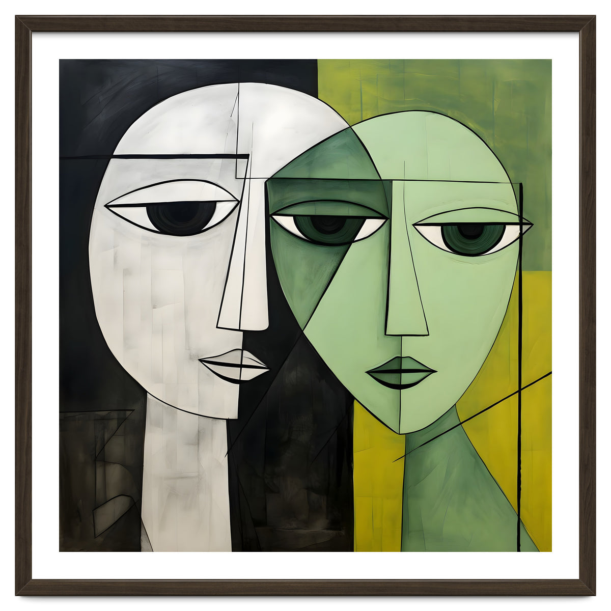DYNAMIC FUSION, Two abstract heads converge - vibrant green tones intertwine with cool grey hues, a dance of contrast and connection.