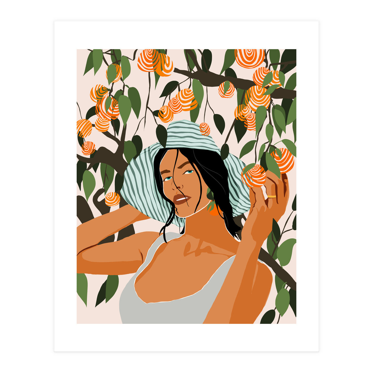 The Orange Grove, Bohemian Woman Summer Travel, Fashion Botanical Nature Garden, Plants Fruits Juicy (Print Only)