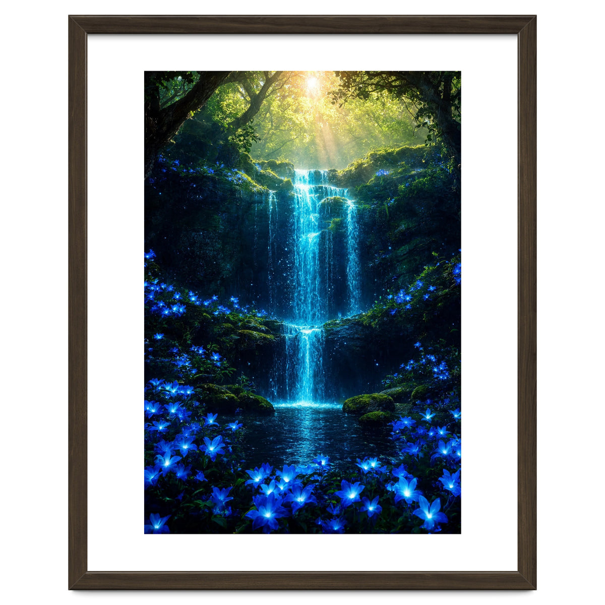 Ethereal Blue Waterfall: Magical Forest Oasis