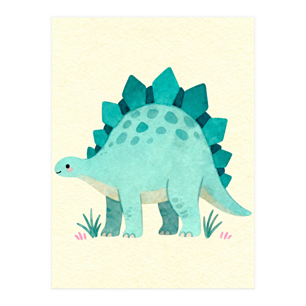 Teal Stegosaurus Watercolor Art, Cute Dinosaur Nursery Print, Whimsical Dino Illustration (Print Only)
