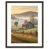 Rustic Red Roof Barn in Misty Morning Valley Landscape thumbnail
