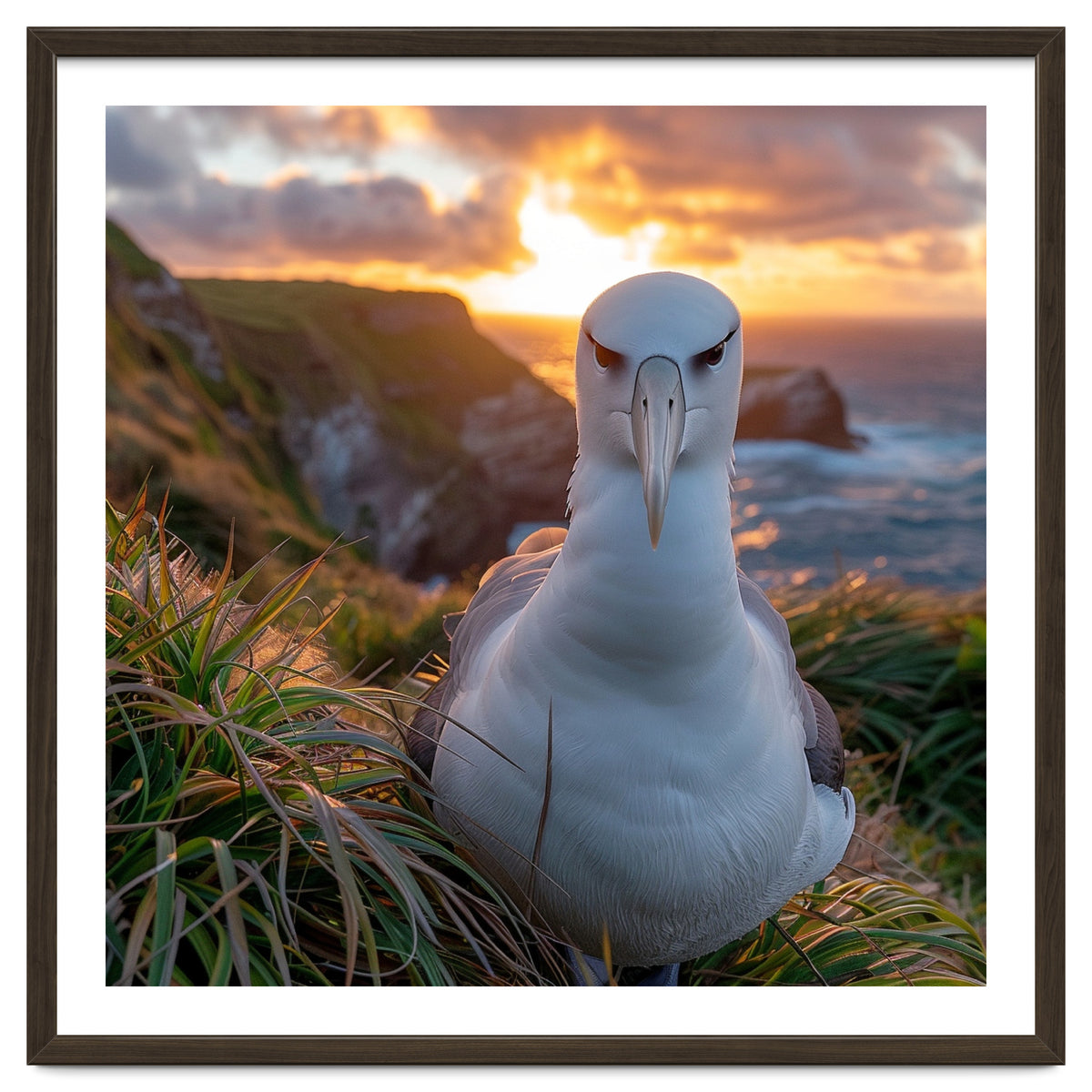 Albatross Bird On Grassy Cliff At Sunset