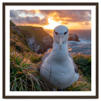 Albatross Bird On Grassy Cliff At Sunset
