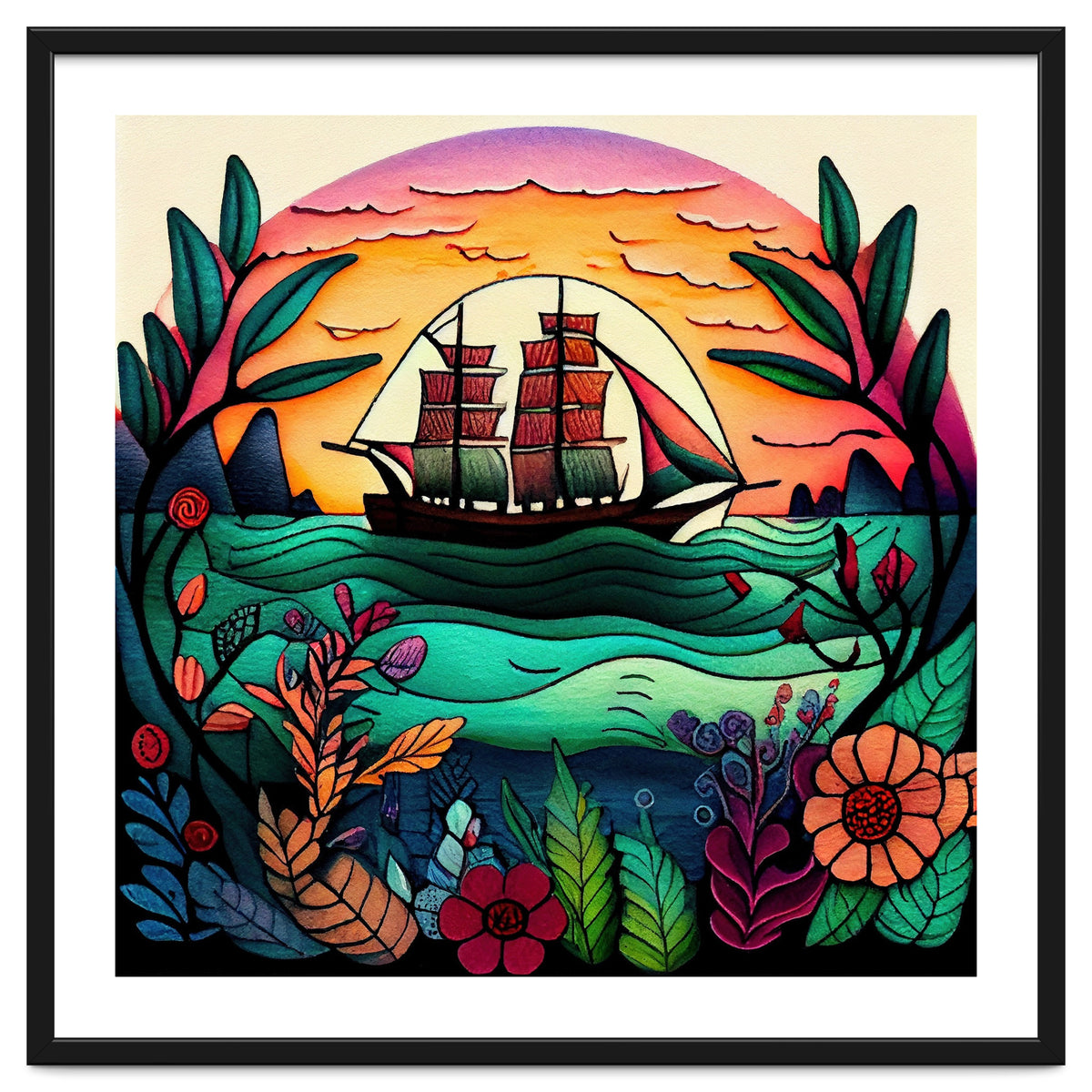 Folk Sunset Sailing Ship