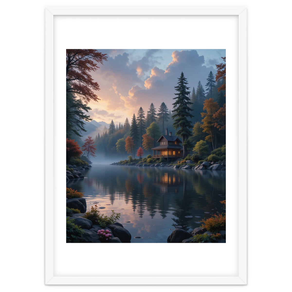 Serene Lakeside Retreat in Autumn Forest