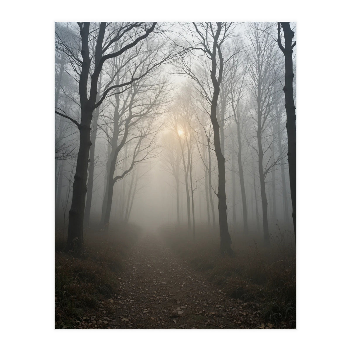 Ethereal Morning Light Breaking Through Dense Forest Fog (Print Only)