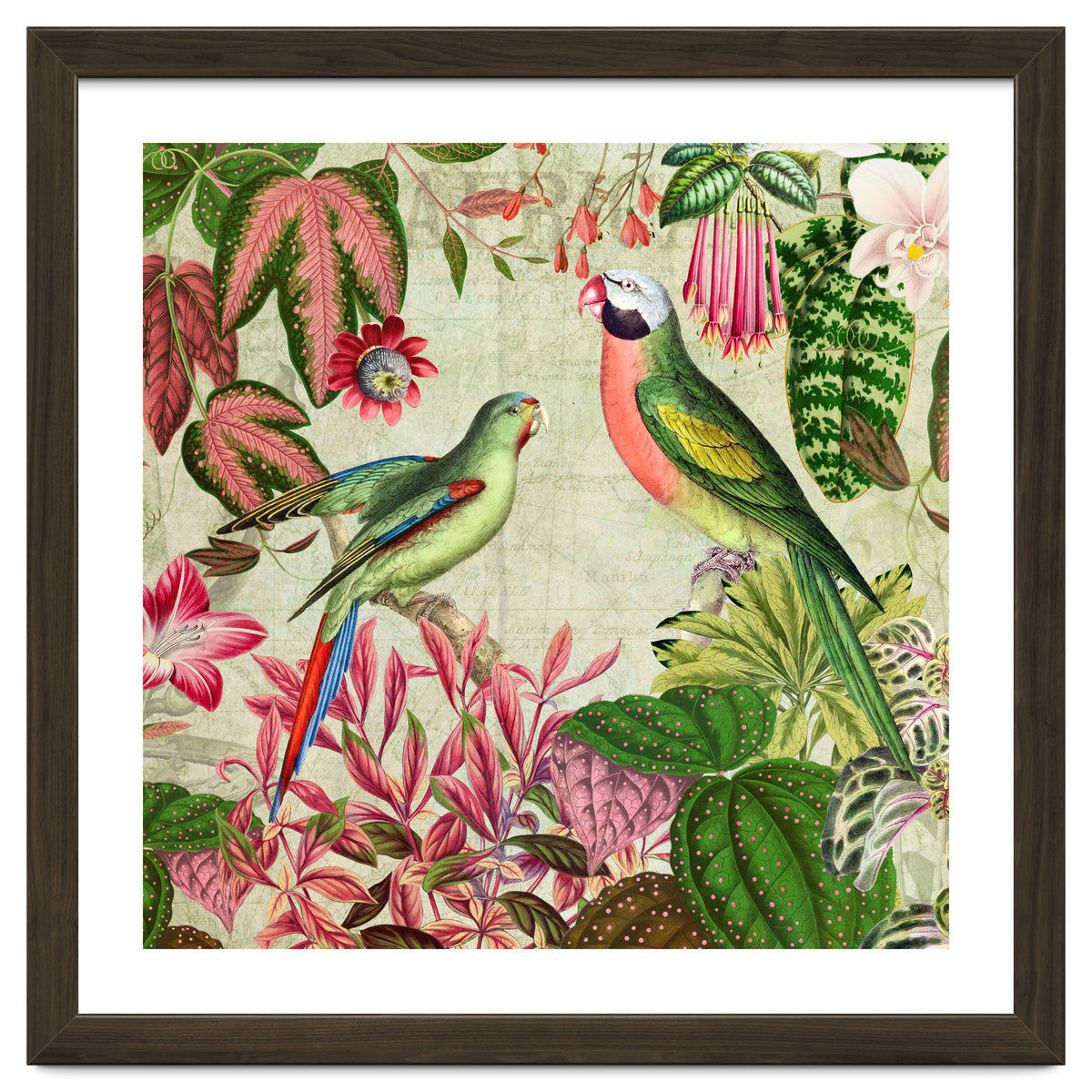 Exotic Lush Rainforest With Colorful Parrots And Flowers