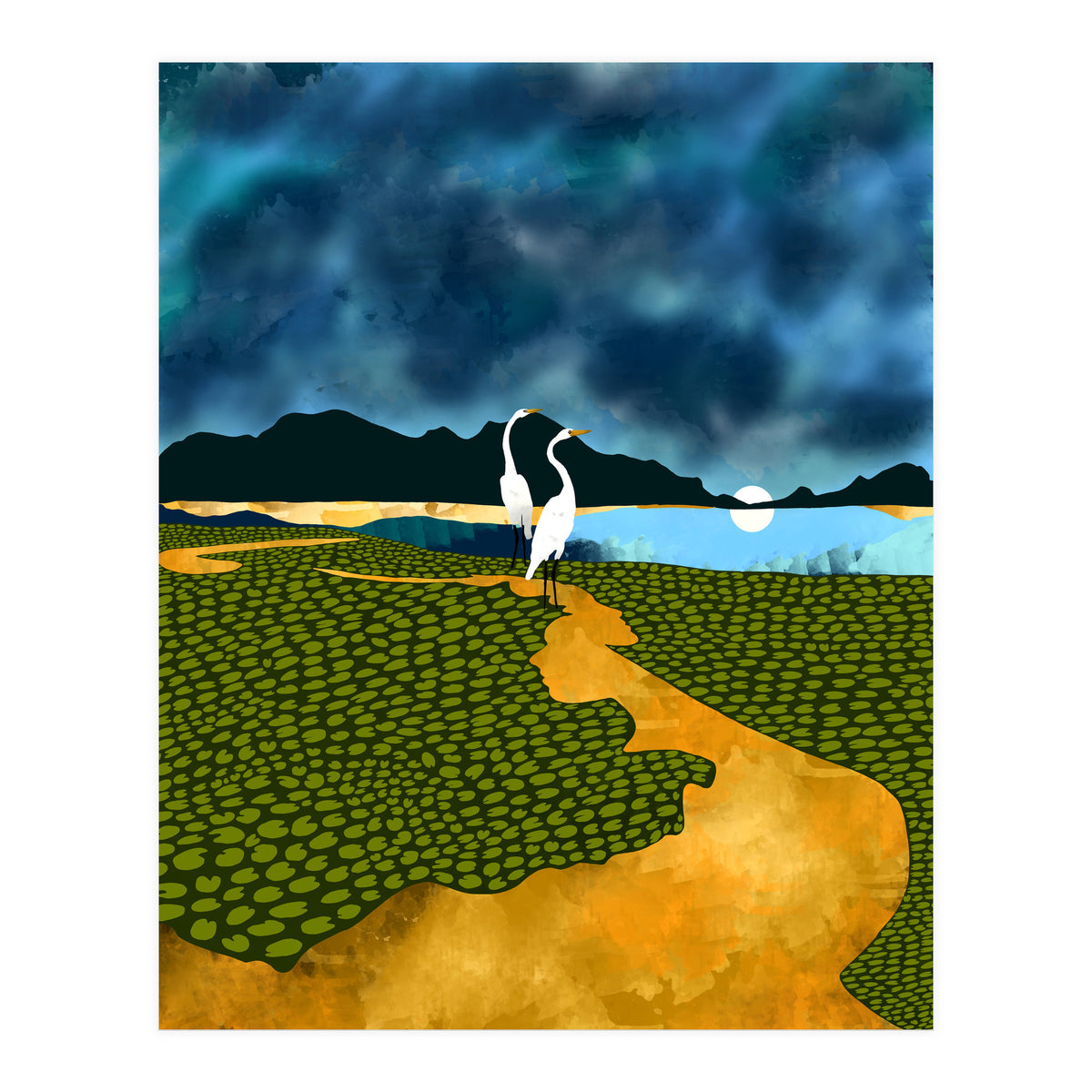 Great Egrets On Honeymoon Island, Heron Wildlife Painting Nature Landscape, Travel Dark Scenic Birds Love Animals Lake Bohemian (Print Only)