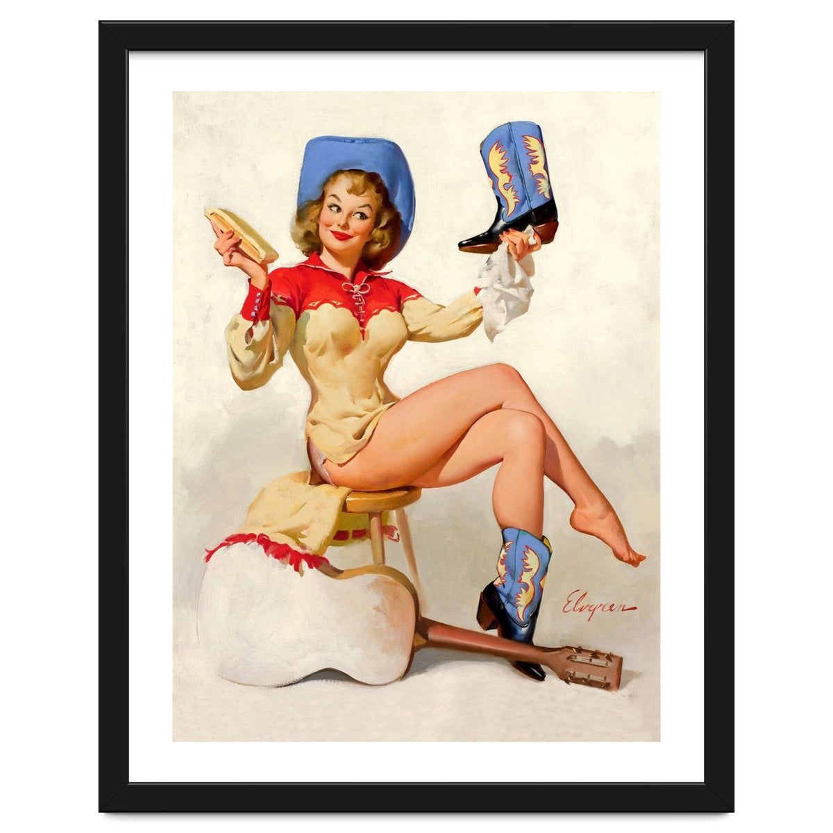 Pinup Sexy Cowgirl Cleaning Her Boots