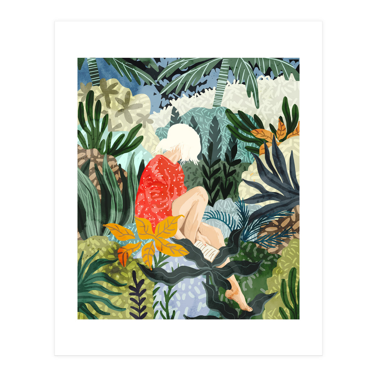 The Distracted Reader | Mindfulness Solo Travel | Bohemian Jungle Botanical Mood | Nature Book Lady (Print Only)
