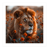 Majestic Lion Resting Among Orange Flowers (Print Only) thumbnail