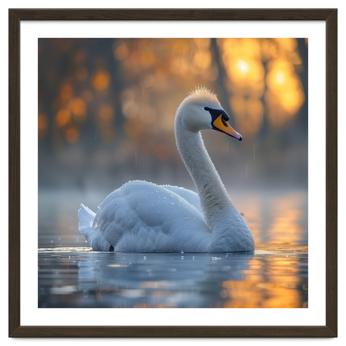 Beautiful Swan Floating On Water At Sunset