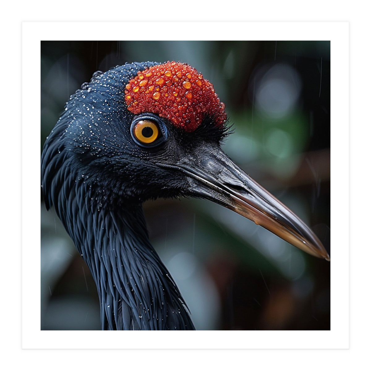 Black Crane Bird Head With Red Crown And Raindrops (Print Only)