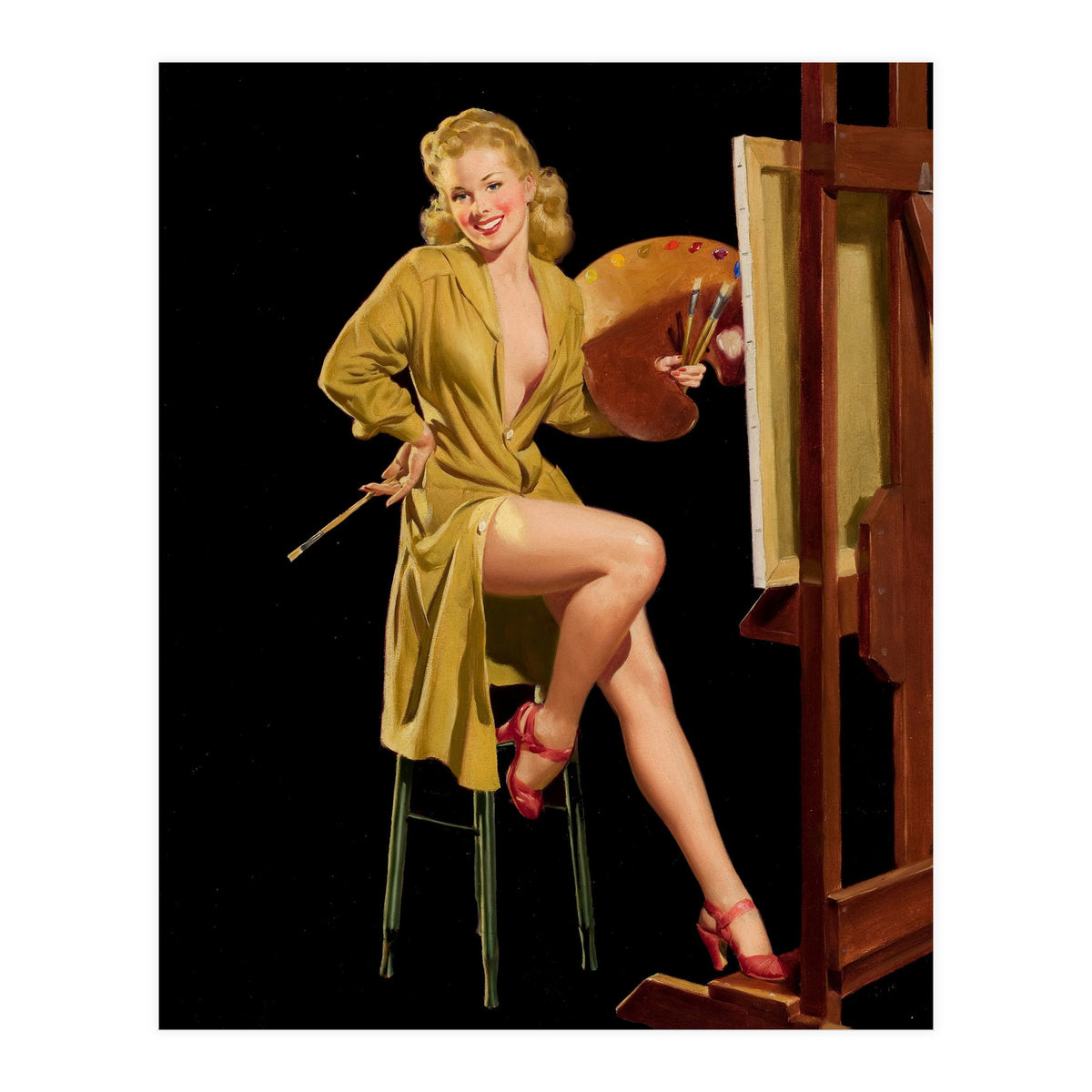 Young And Beautiful Woman Posing In Front Of The Painting Canvas (Print Only)