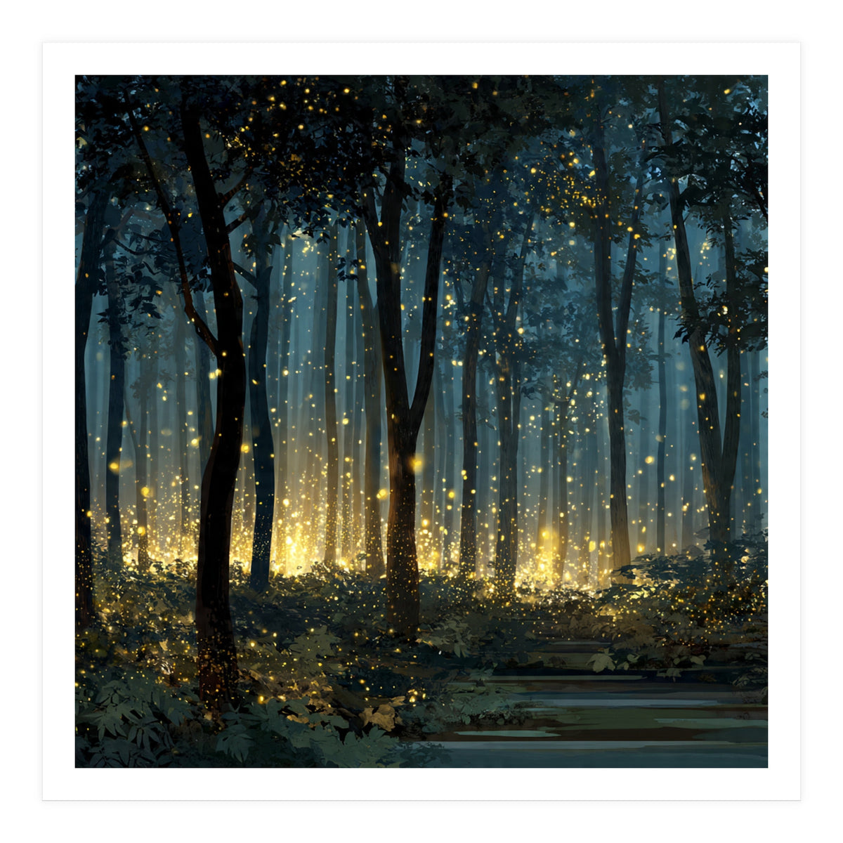 Enchanted Midnight Forest with Glowing Fireflies (Print Only)
