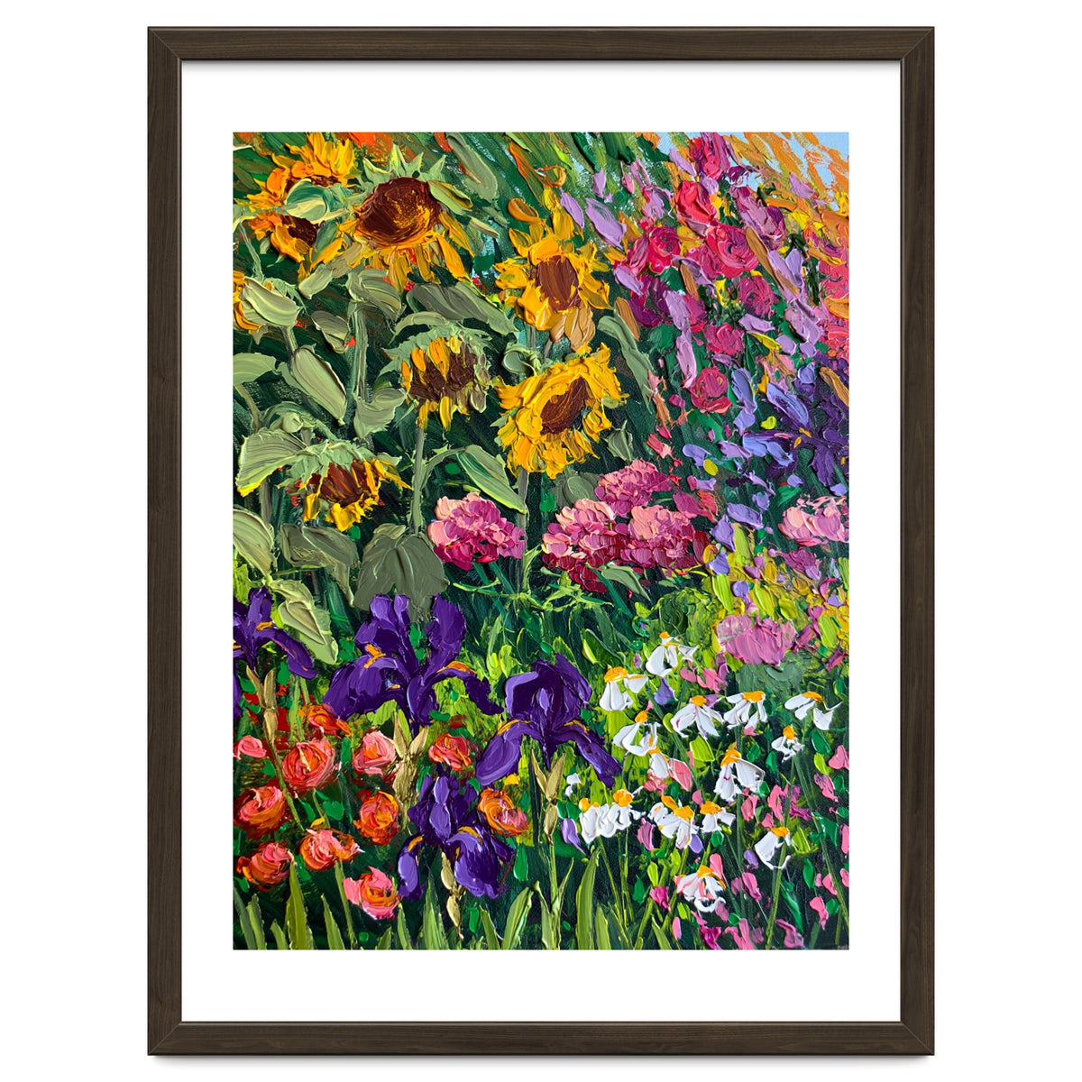 Vibrant Summer Sunflower and Iris Meadow Oil Painting