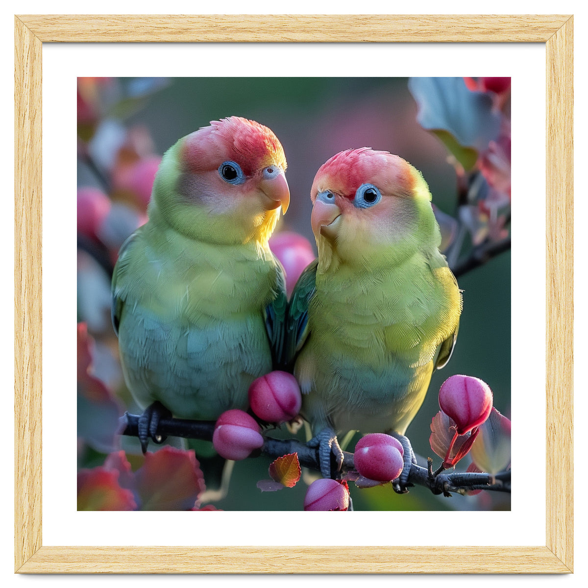 Two Lovebirds On A Branch Surrounded By Berries