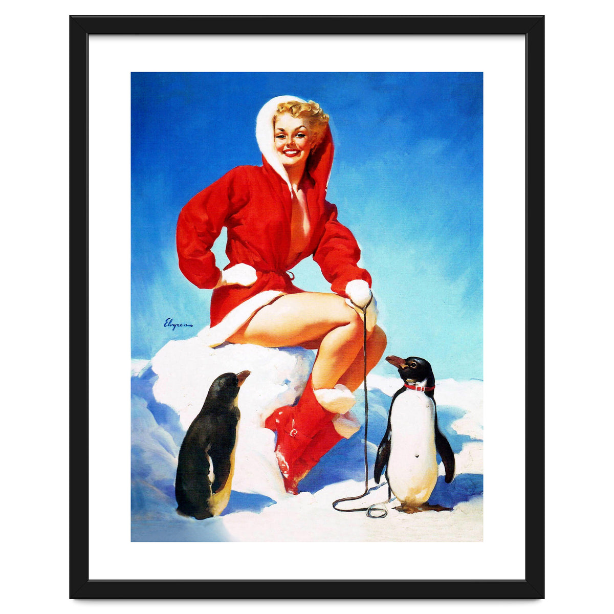 Pinup Sexy Woman Posing With Two Penguins