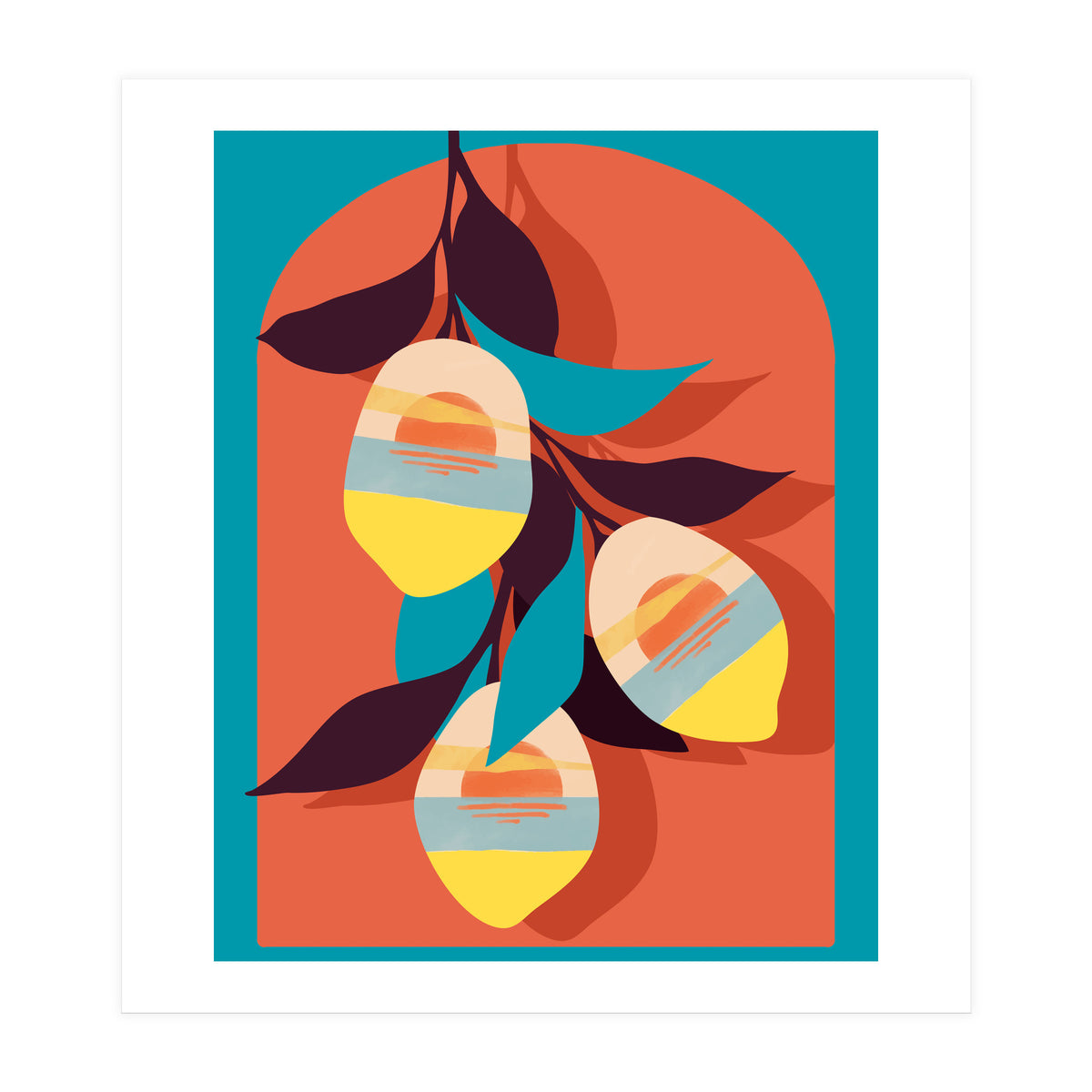 Lemon Sunset, Eclectic Botanical Colorful Bohemian Fruits, Food Pop Of Color Lime Retro (Print Only)