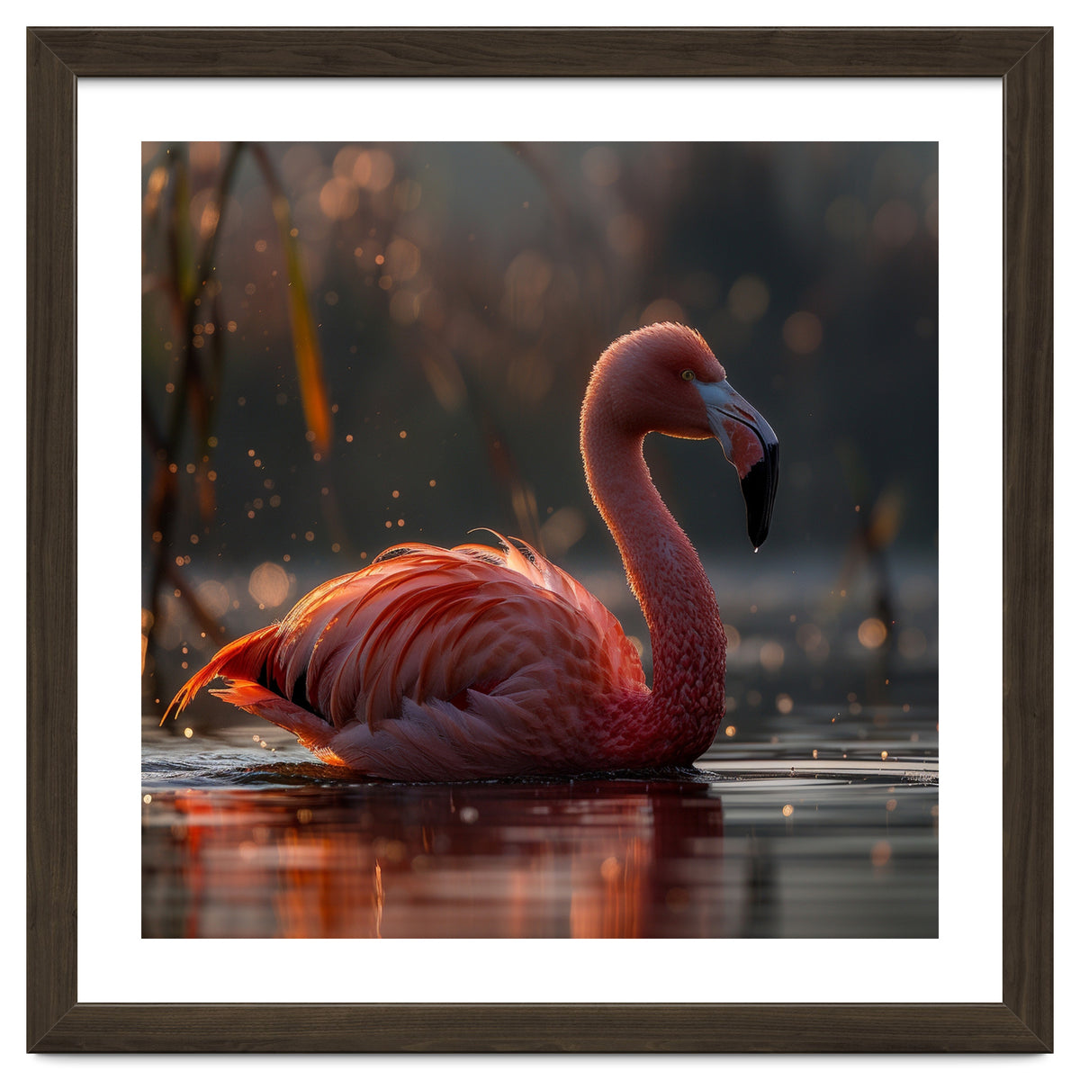 Pink Flamingo Swimming In Sunlight Water