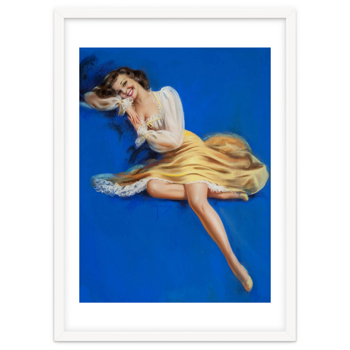 Pinup Girl Posing In Studio Over The Blue Background