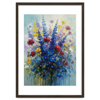 Vibrant Blue Delphinium and Red Rose Heavy Impasto Oil Painting