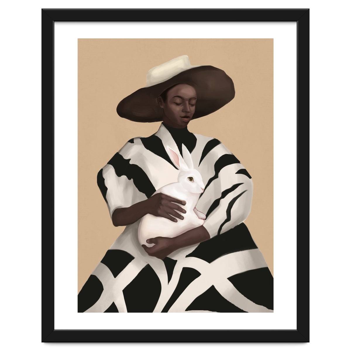 Woman In Stripes Holding A White Rabbit