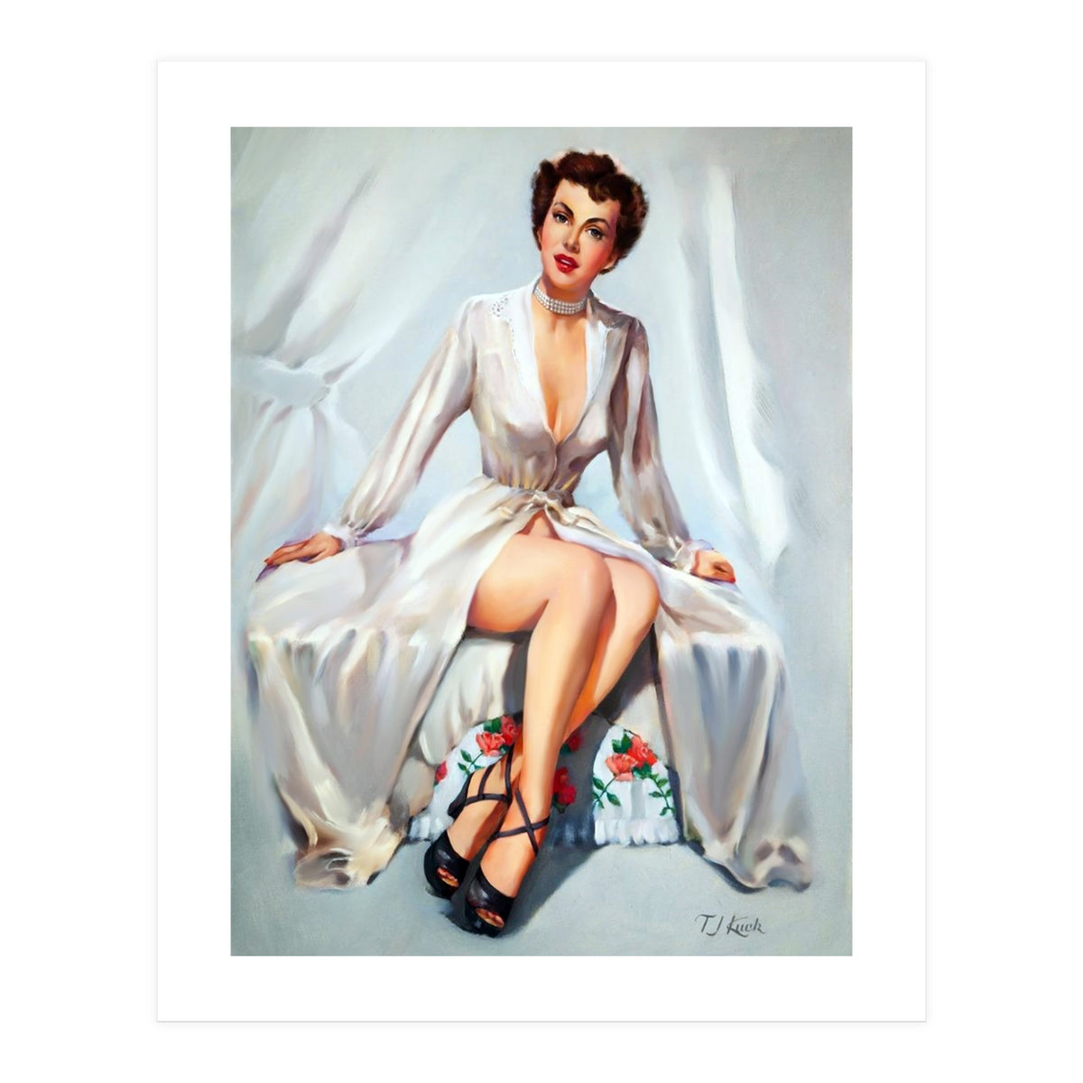 Beautiful Sexy Pinup In Posing Long White Dress (Print Only)
