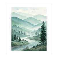 Serene Misty Mountain Valley Watercolor Painting (Print Only)