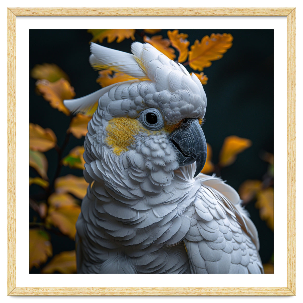 Yellow Crested Cockatoo Portrait Autumn Leaves Dark