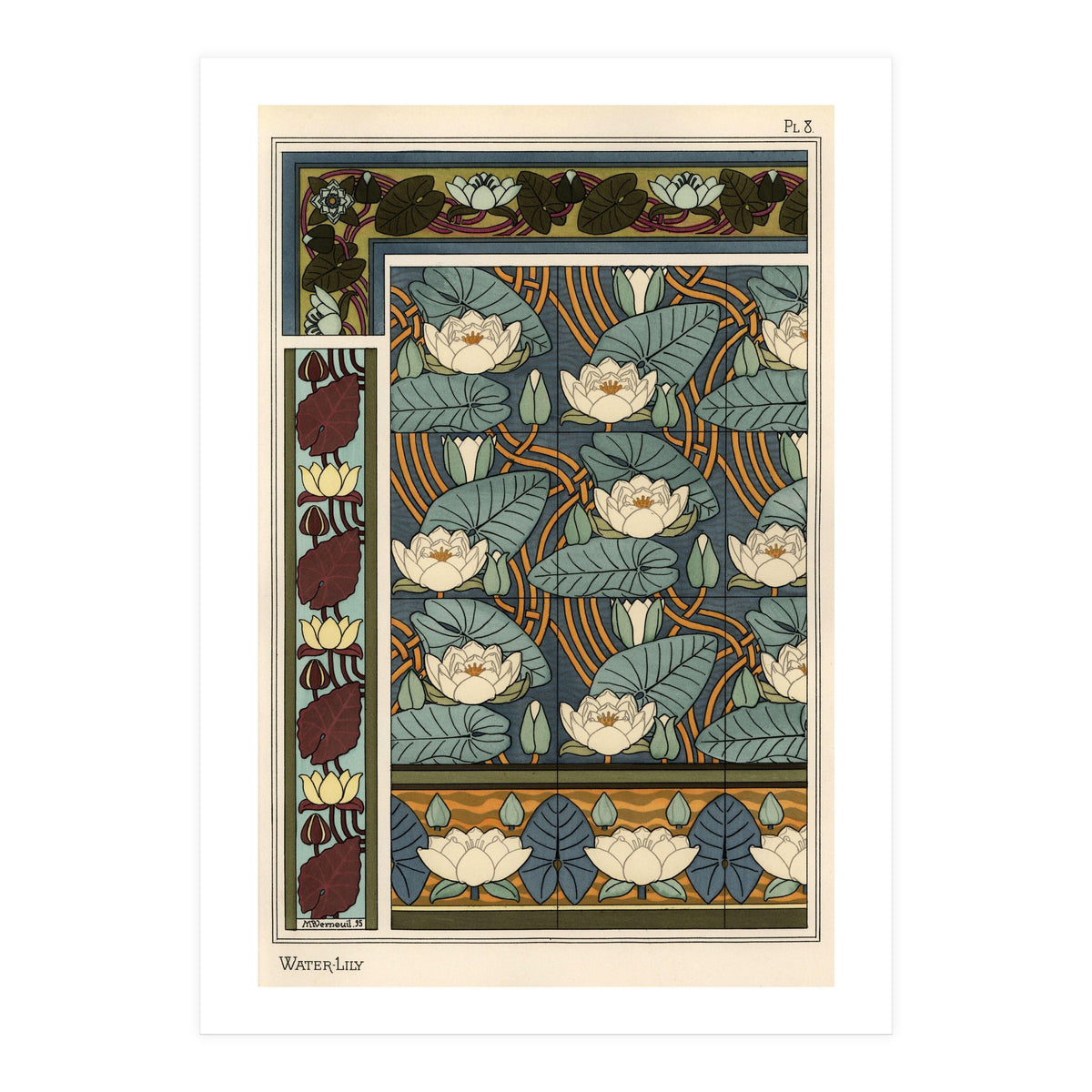 The water lily, Nelumbo lutea, in wallpaper and tile patterns. Lithograph by Verneuil. (Print Only)