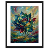 Enchanted Teal and Gold Rose Impasto Oil Painting