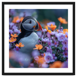 Puffin Bird Among Vibrant Purple And Orange Flowers thumbnail