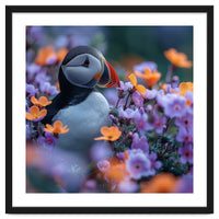 Puffin Bird Among Vibrant Purple And Orange Flowers