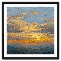 Atmospheric Golden Sunset Impasto Oil Painting Featuring Textured Clouds