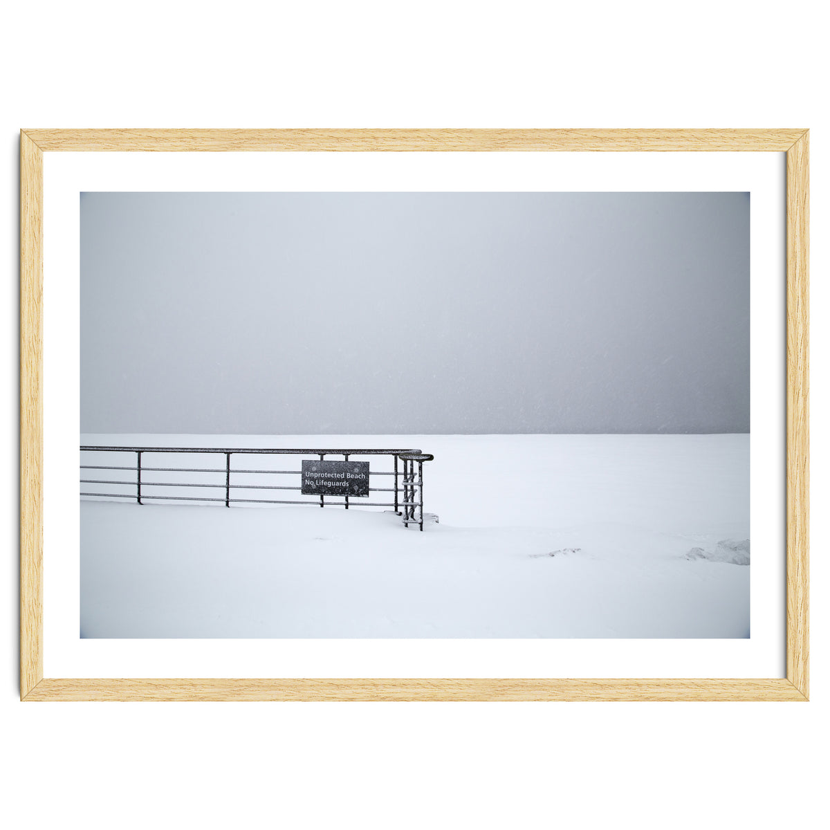 No lifeguards on the sign board in the winter snow beach
