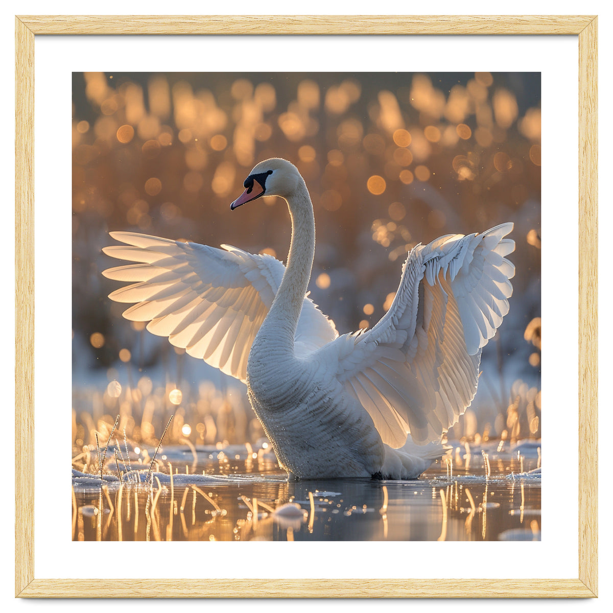 Swan Spreading Wings In Water Sunlight