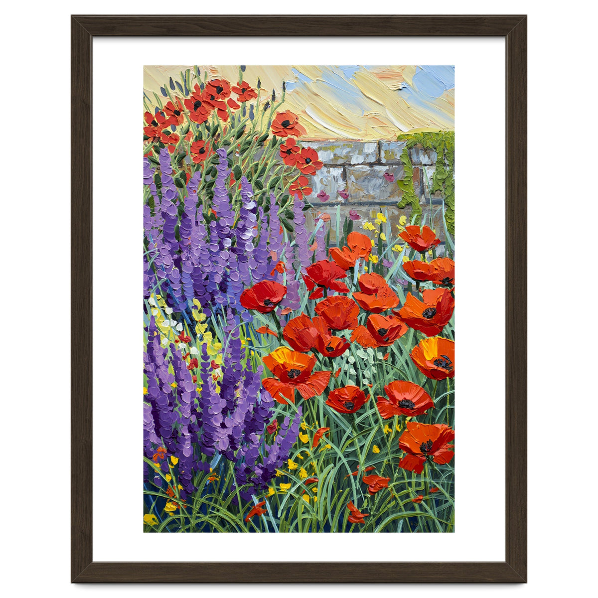 Vibrant Summer Poppy and Lavender Garden Oil Painting