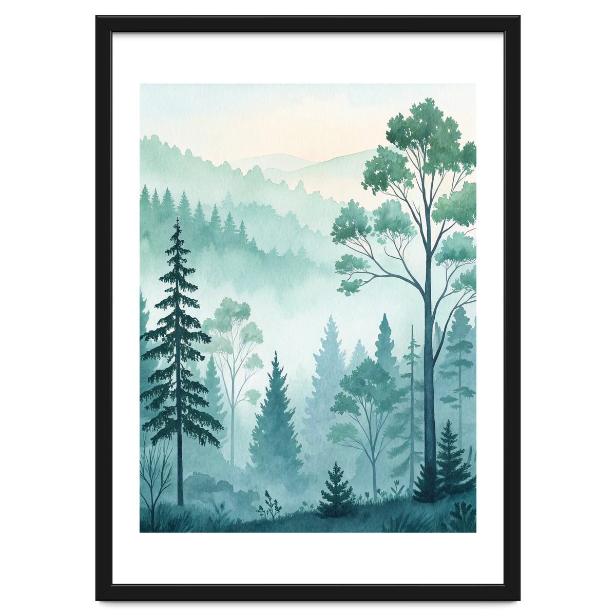 Ethereal Misty Pine Forest Watercolor Art
