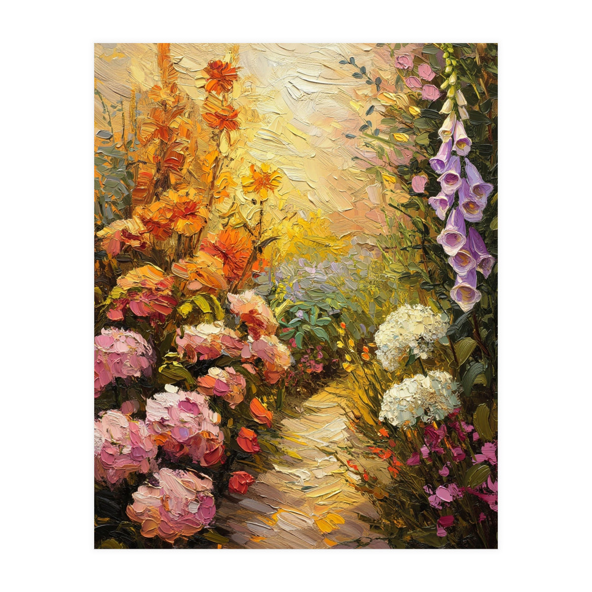Golden Hour Summer Garden Path Oil Painting (Print Only)