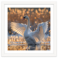 Swan Spreading Wings In Water Sunlight
