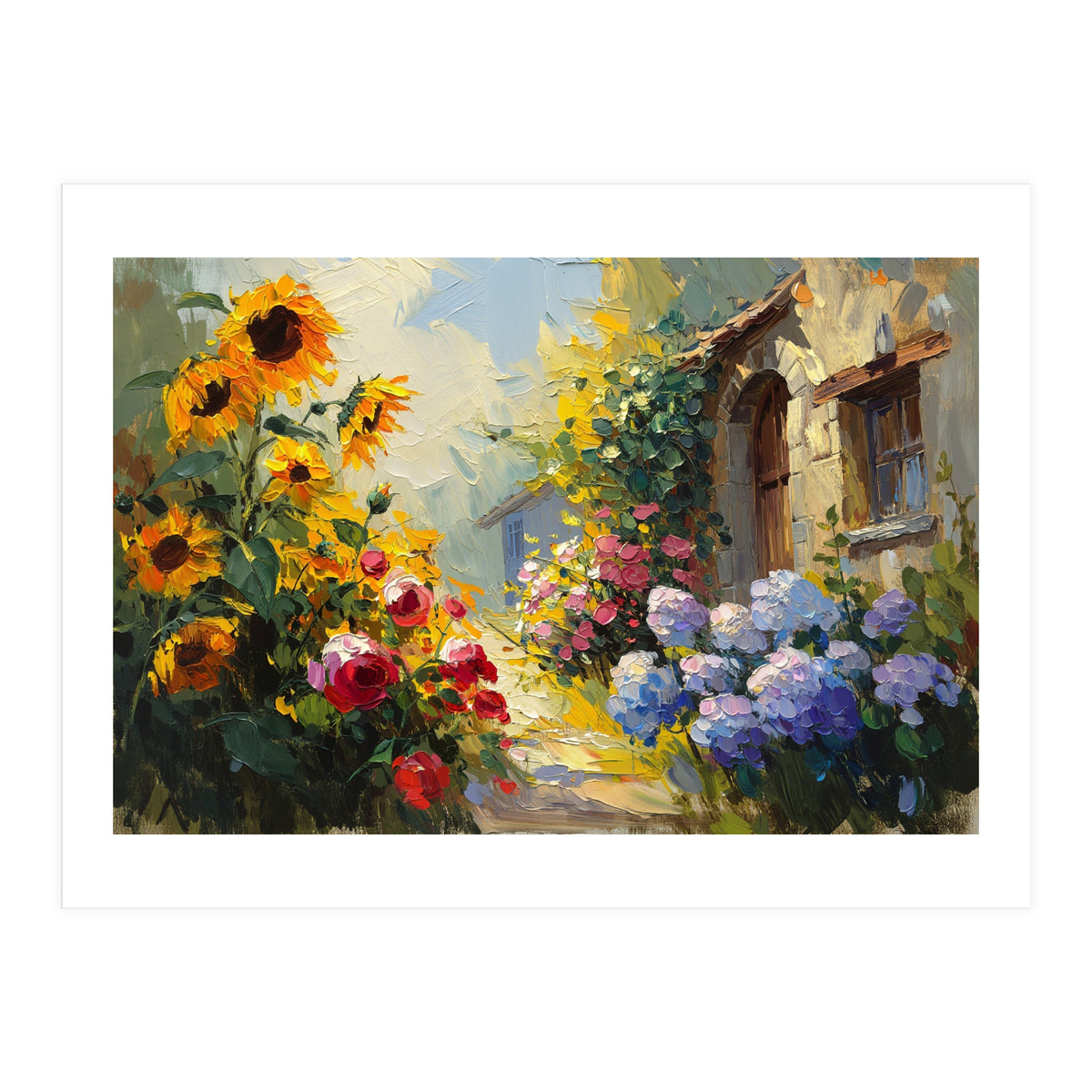 Vibrant Summer Cottage Garden Oil Painting (Print Only)