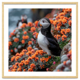 Atlantic Puffin Bird Perched On Orange Flowers thumbnail