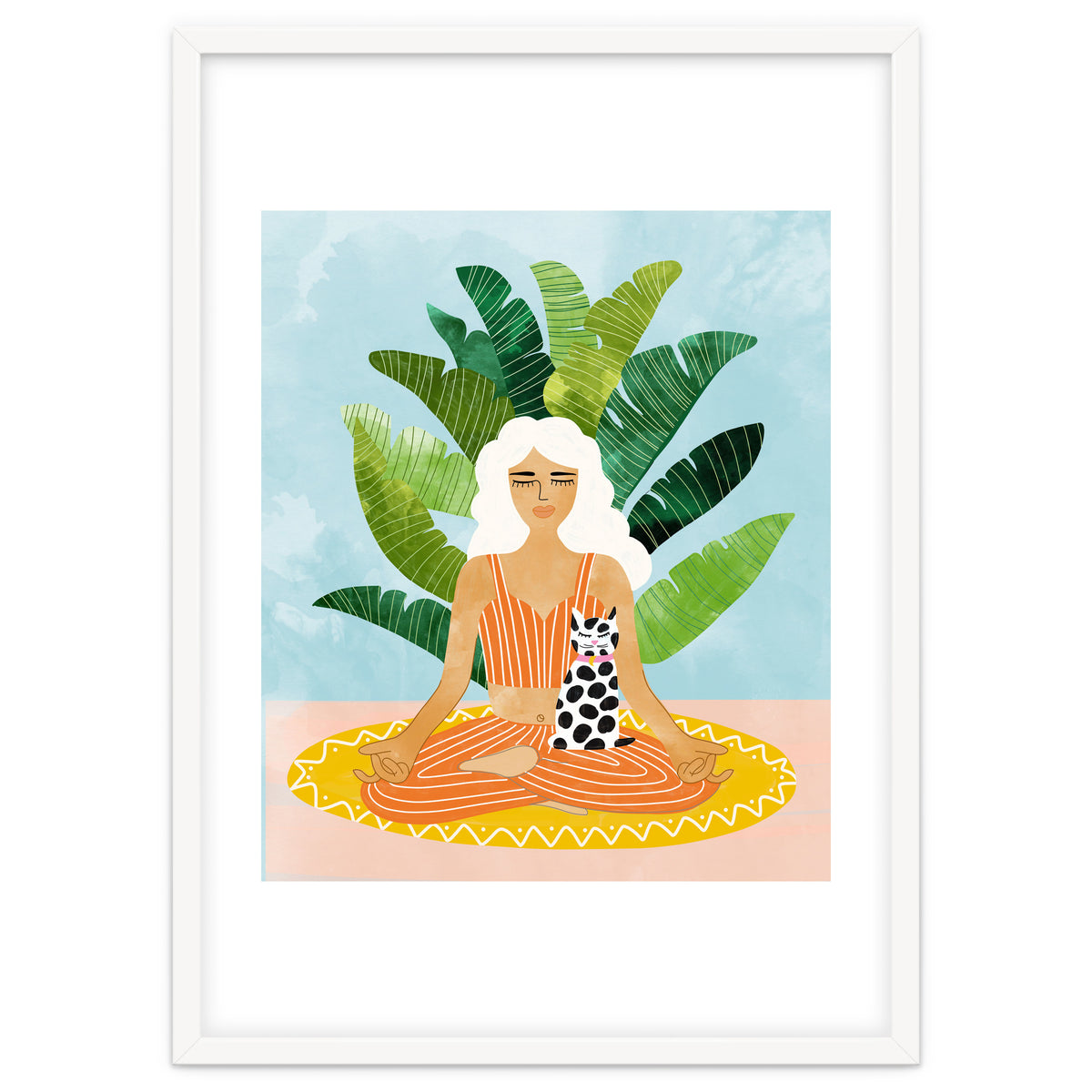 Meditation With Thy Cat Poster | Blonde Woman of Color | Tropical Banana Leaves Quirky Pet Workou