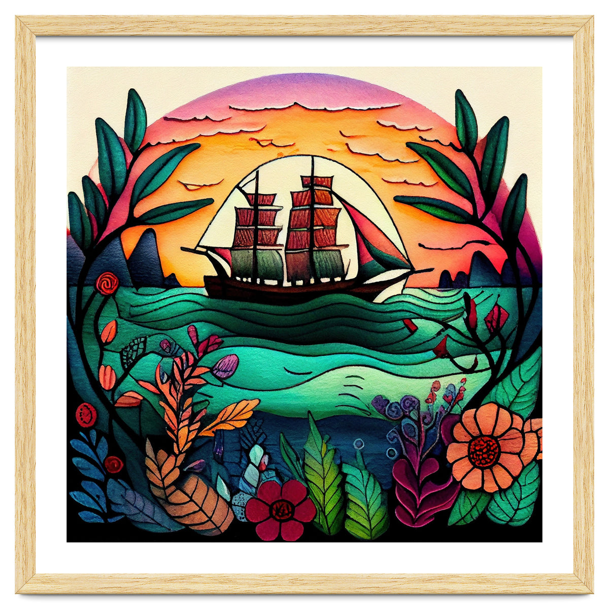 Folk Sunset Sailing Ship
