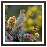Albino Parrot Perched On A Rock Amongst Flowers thumbnail