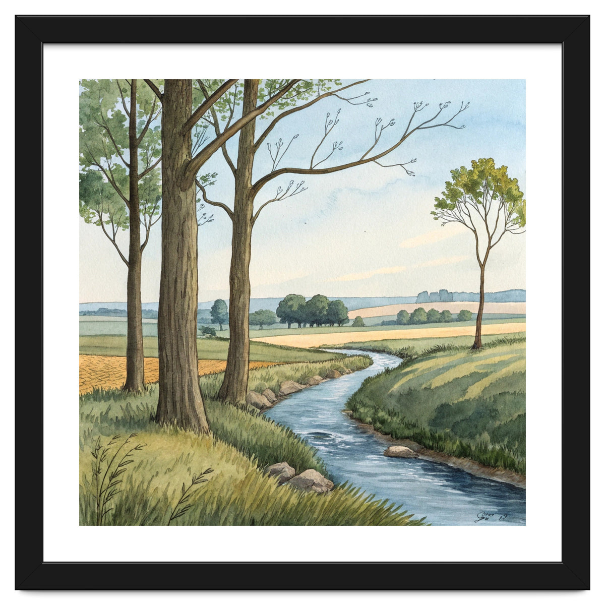 Pastoral Countryside Watercolor Painting with Winding Stream Meadows and Deciduous Trees Landscape